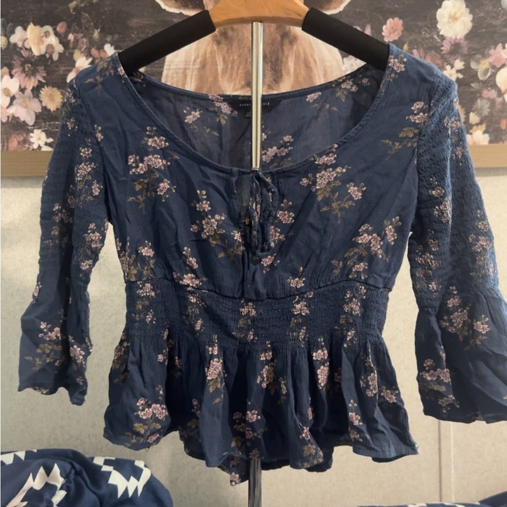 American Eagle Outfitters Blue Peplum Blouse with Tie Front